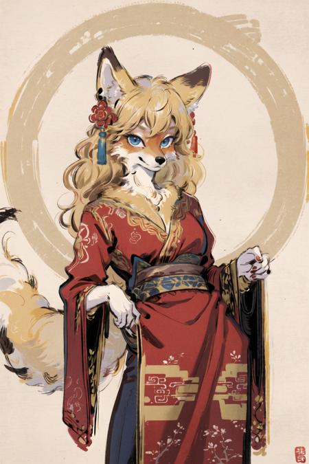 00867-63627198-masterpiece,highres,furry fox girl,solo,blonde,chinese dress, hair ornament, anicent china_looking at viewer, _.png